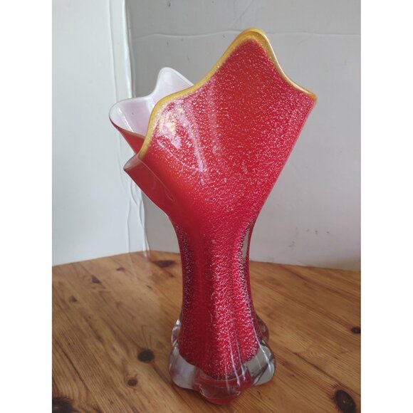 Large Vintage Murano Red Glass Vase Barovier & Toso Silver Leaf Encased  11" - Picture 11 of 12